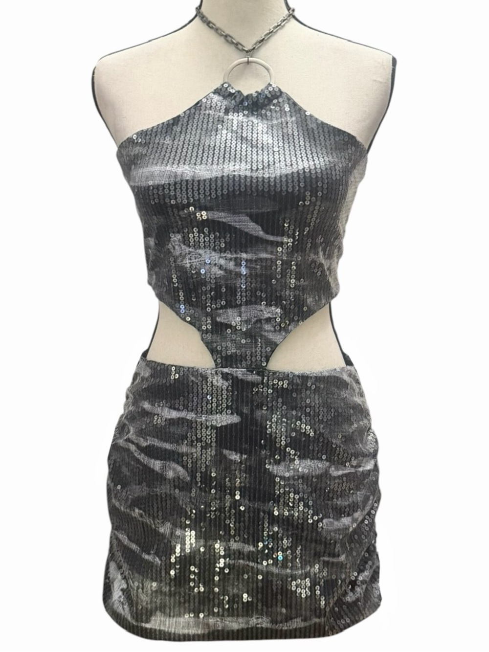 Current Mood Dress M L Elemental Edge Camo Sequin O-Ring Mini